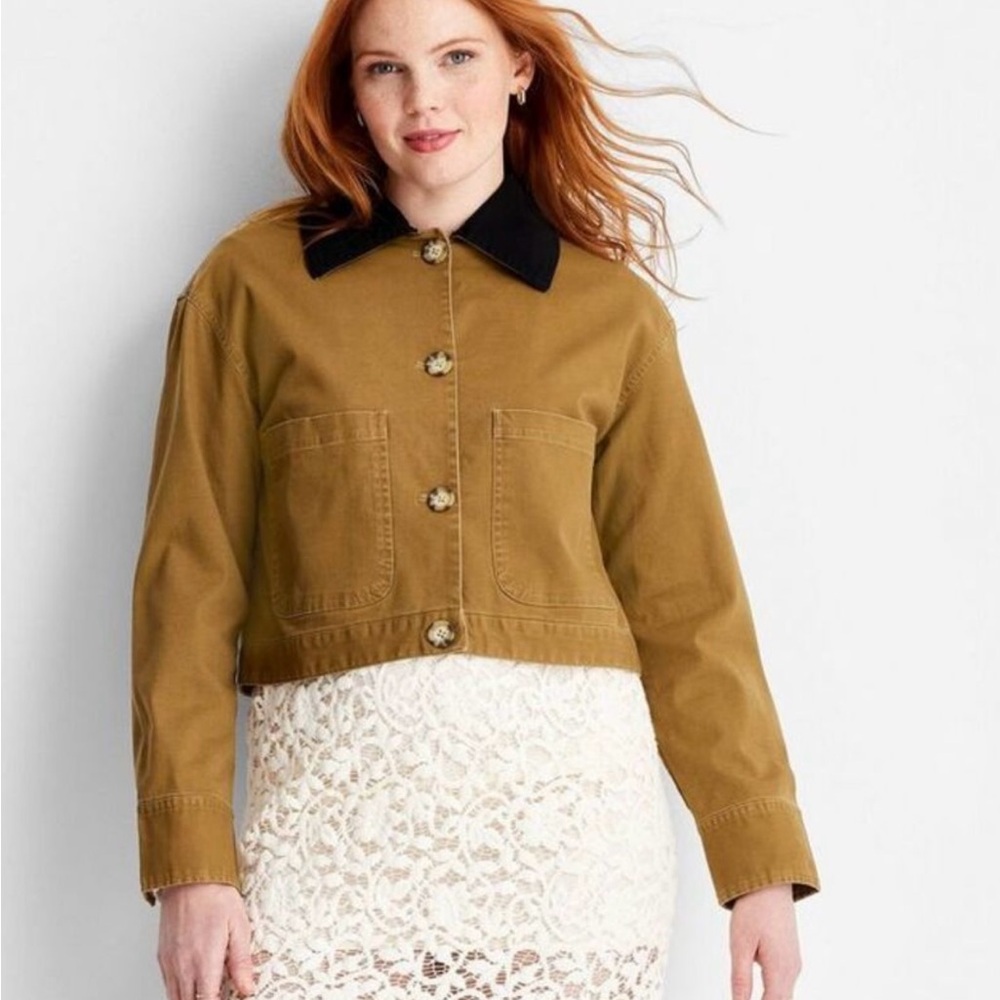 Women's Khaki Tan Jacket with Black Collar Size 2X